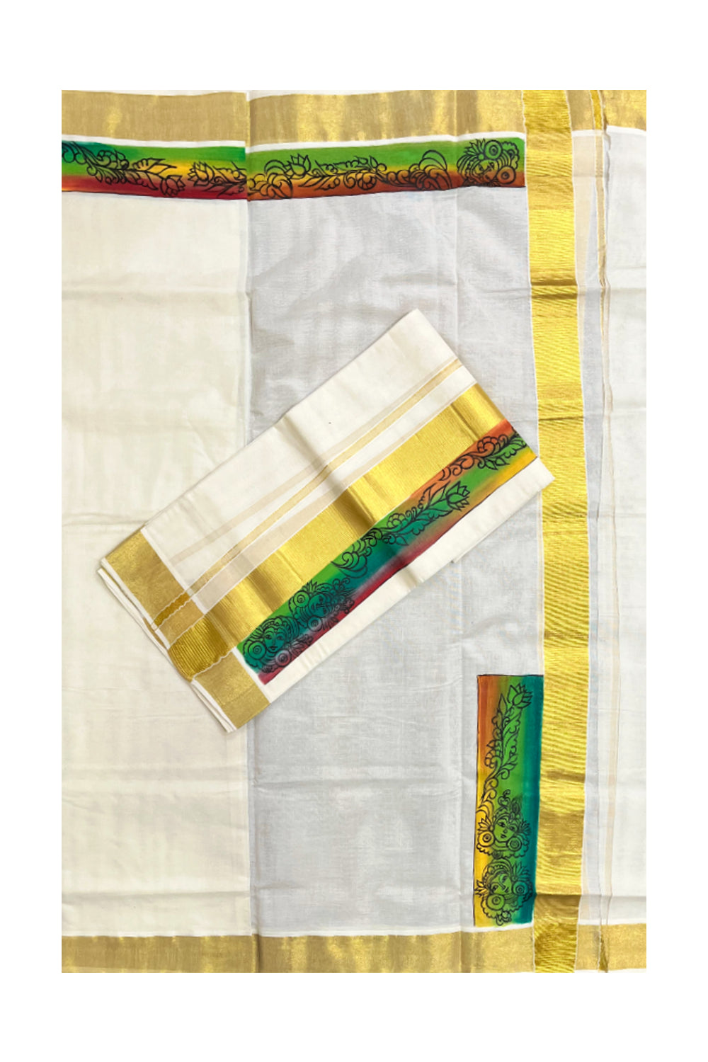 Kerala Cotton Single Set Mundu (Mundum Neriyathum) with Hand Painted Designs with Kasavu Border - 2.80Mtrs