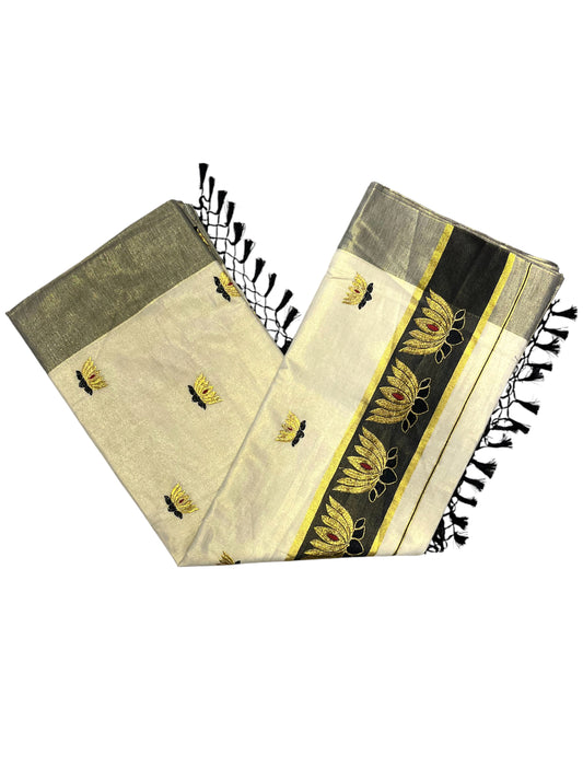 Southloom Kerala Tissue Kasavu Saree with Black And Golden Lotus Embroidary Works on Body