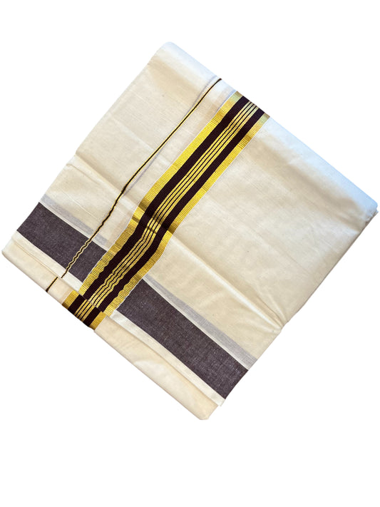 Southloom Pure Cotton Mundu with Gold Kasavu and Brown Border (South Indian Kerala Dhoti)