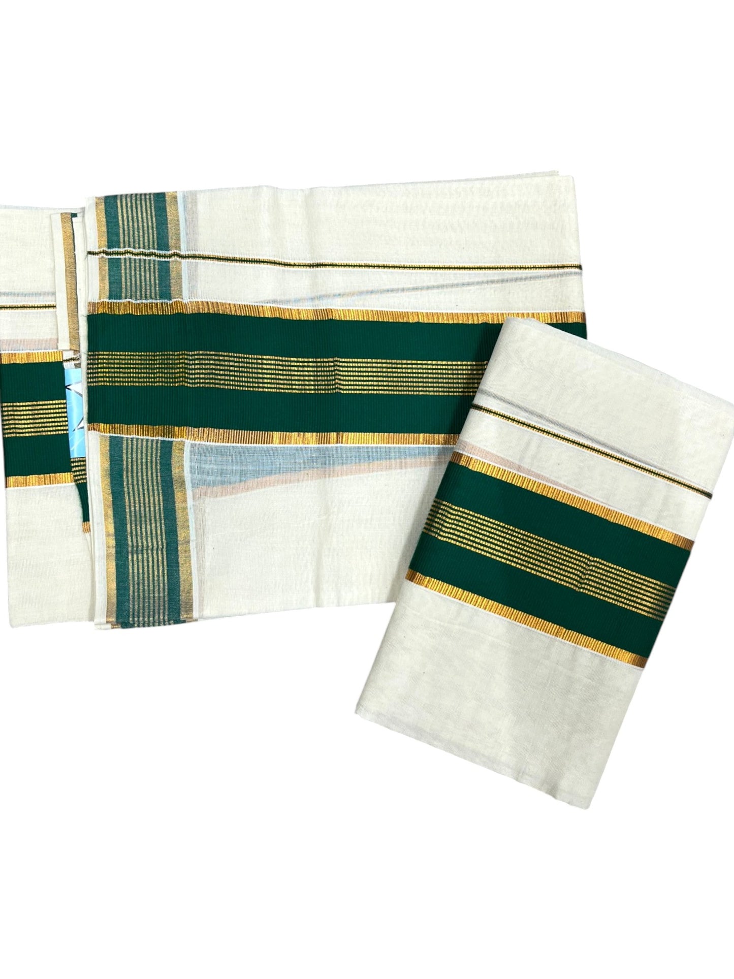 Kerala Cotton Set Mundu (Mundum Neriyathum) with Kasavu and Green Border in 2.80 Mtrs SLKK SL470