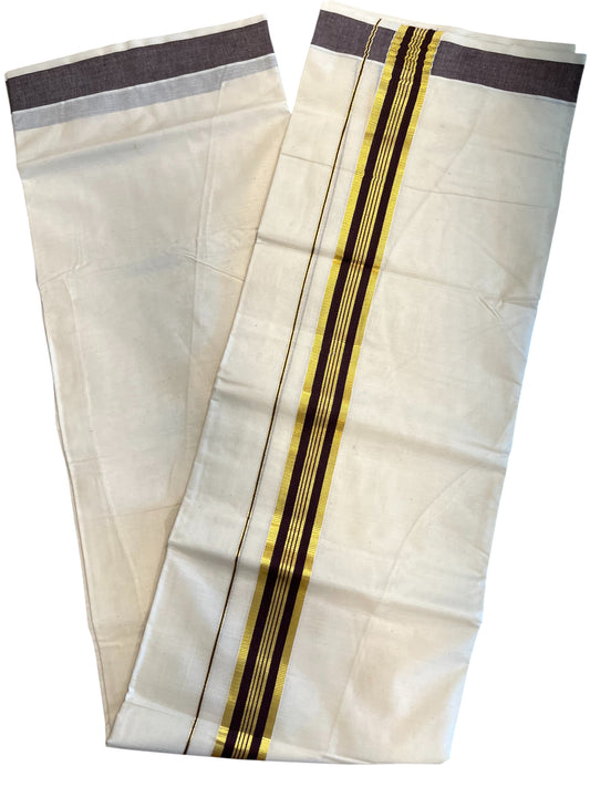 Southloom Pure Cotton Mundu with Gold Kasavu and Brown Border (South Indian Kerala Dhoti)