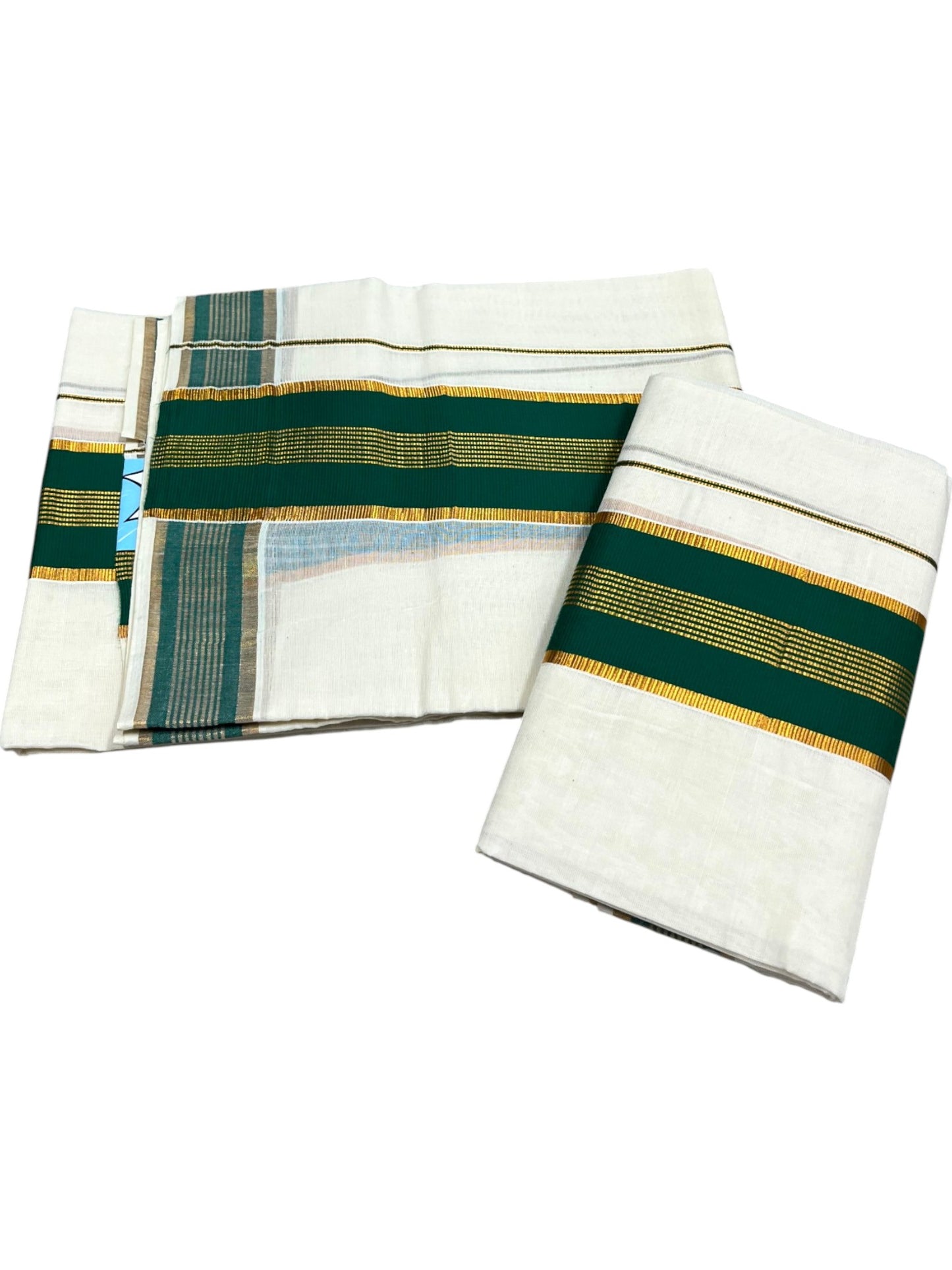 Kerala Cotton Set Mundu (Mundum Neriyathum) with Kasavu and Green Border in 2.80 Mtrs SLKK SL470