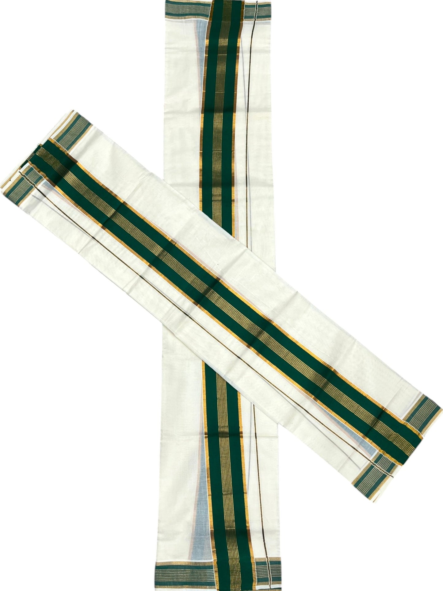 Kerala Cotton Set Mundu (Mundum Neriyathum) with Kasavu and Green Border in 2.80 Mtrs SLKK SL470