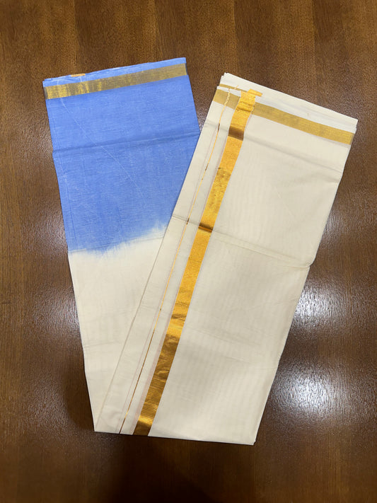 Southloom Tie & Dye - Half & Half  Multi Colour Dark Blue Design Cotton Kerala Double Mundu with Kasavu Border (South Indian Kerala Dhoti)