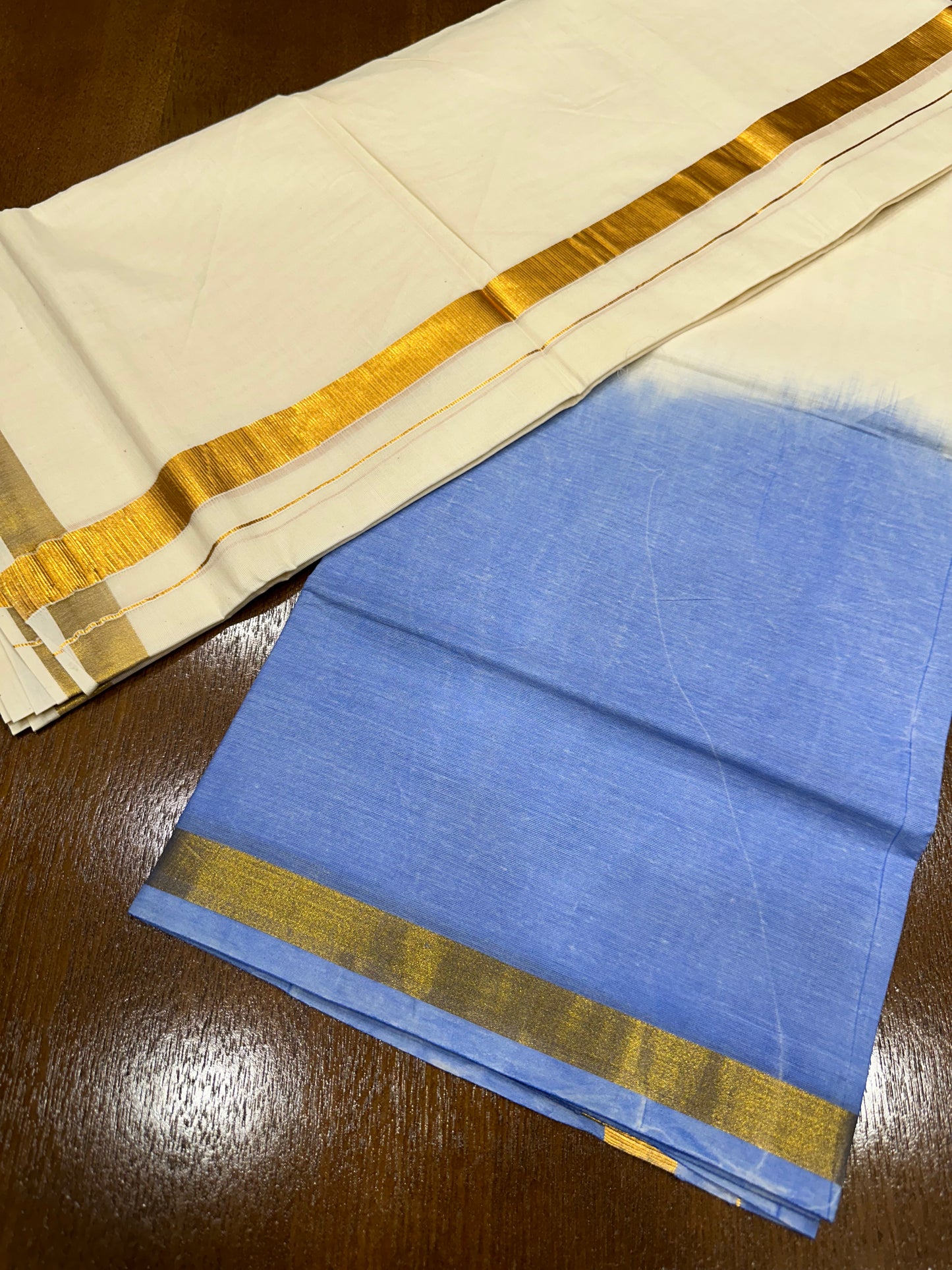 Southloom Tie & Dye - Half & Half  Multi Colour Dark Blue Design Cotton Kerala Double Mundu with Kasavu Border (South Indian Kerala Dhoti)