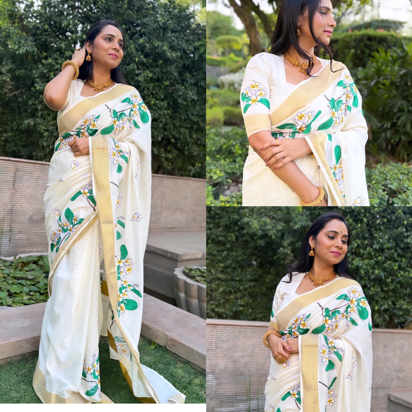 Kerala Cotton Kasavu Saree with White Green and Yellow Floral Embroidery Work