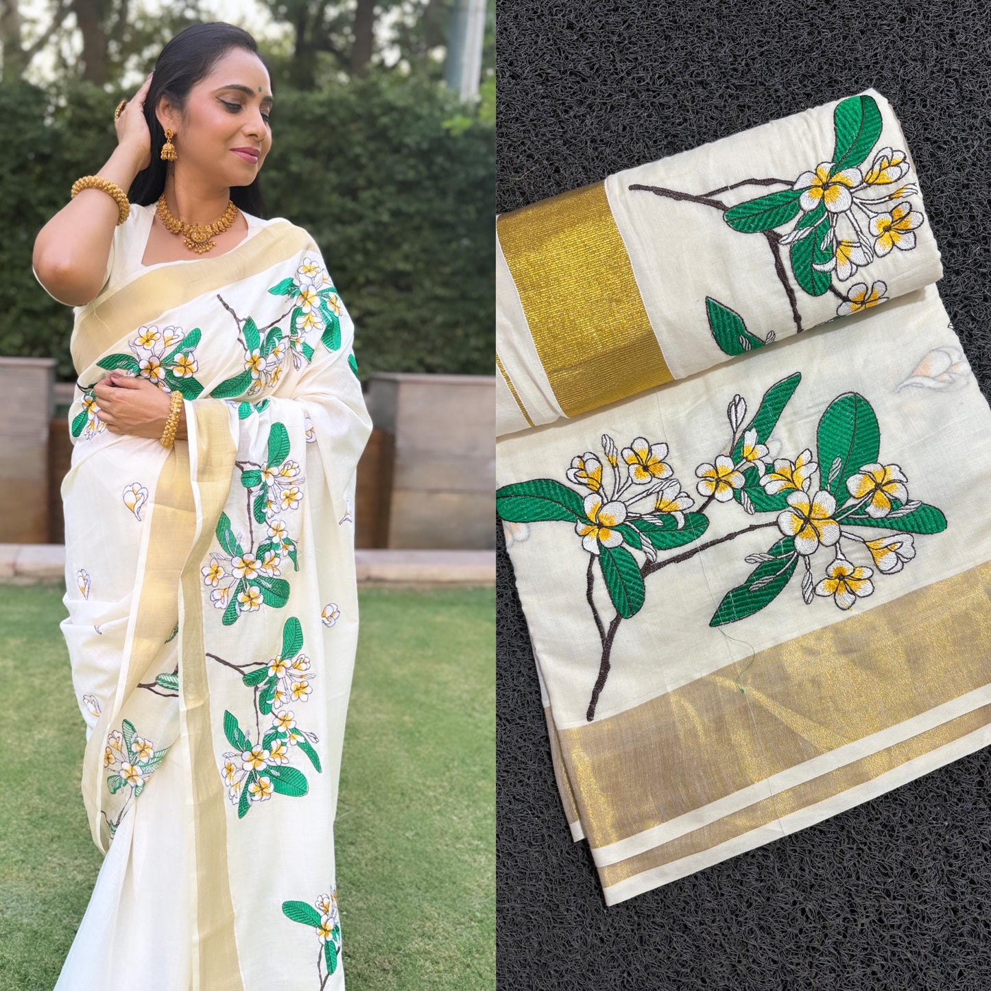 Kerala Cotton Kasavu Saree with White Green and Yellow Floral Embroidery Work