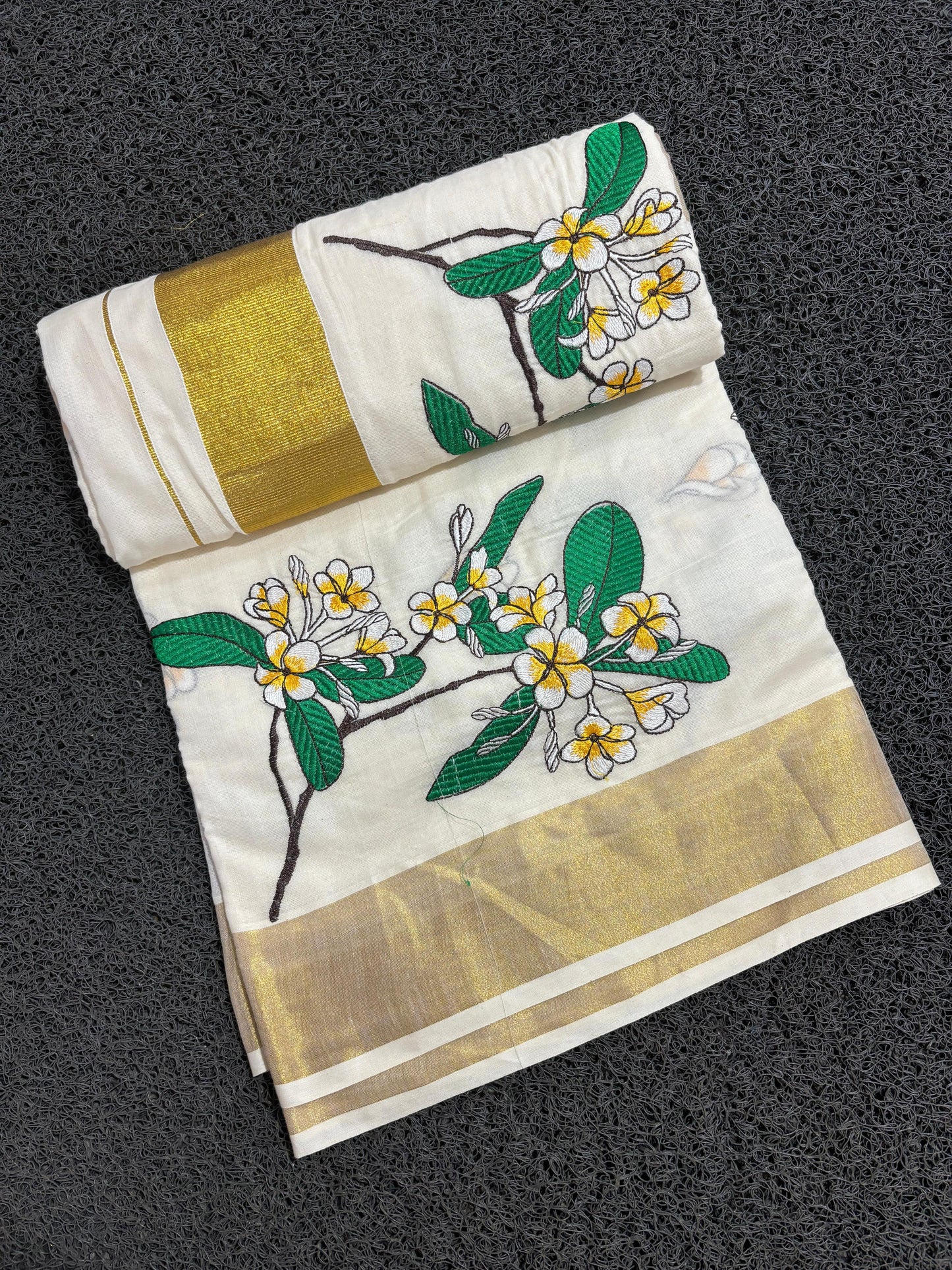 Kerala Cotton Kasavu Saree with White Green and Yellow Floral Embroidery Work