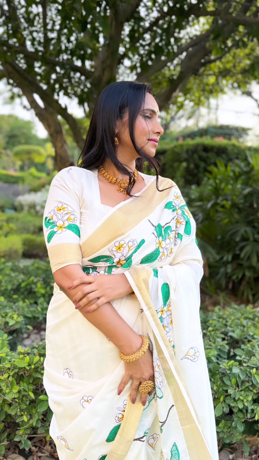 Kerala Cotton Kasavu Saree with White Green and Yellow Floral Embroidery Work