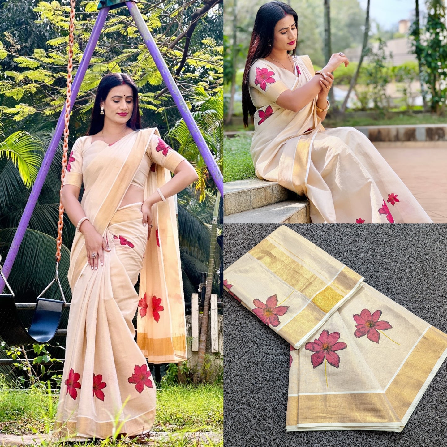 Kerala Tissue Floral Print Saree on Classy Non-Shiny Kasavu Tissue Saree