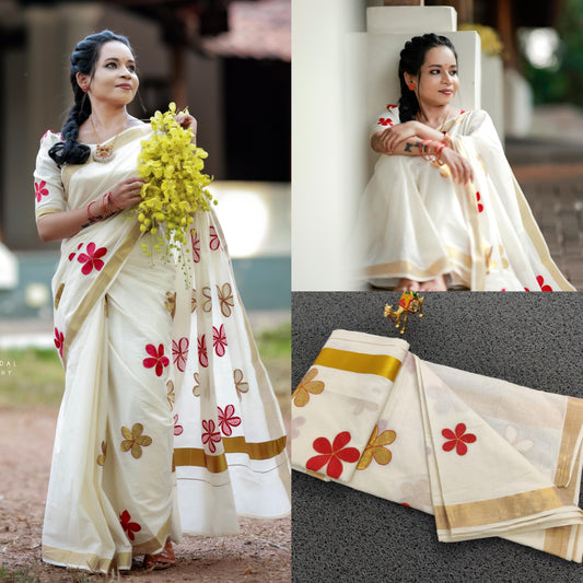 Southloom Cotton Kerala Kasavu Saree with Floral Embroidery Designs (Onam 2024 Collection)