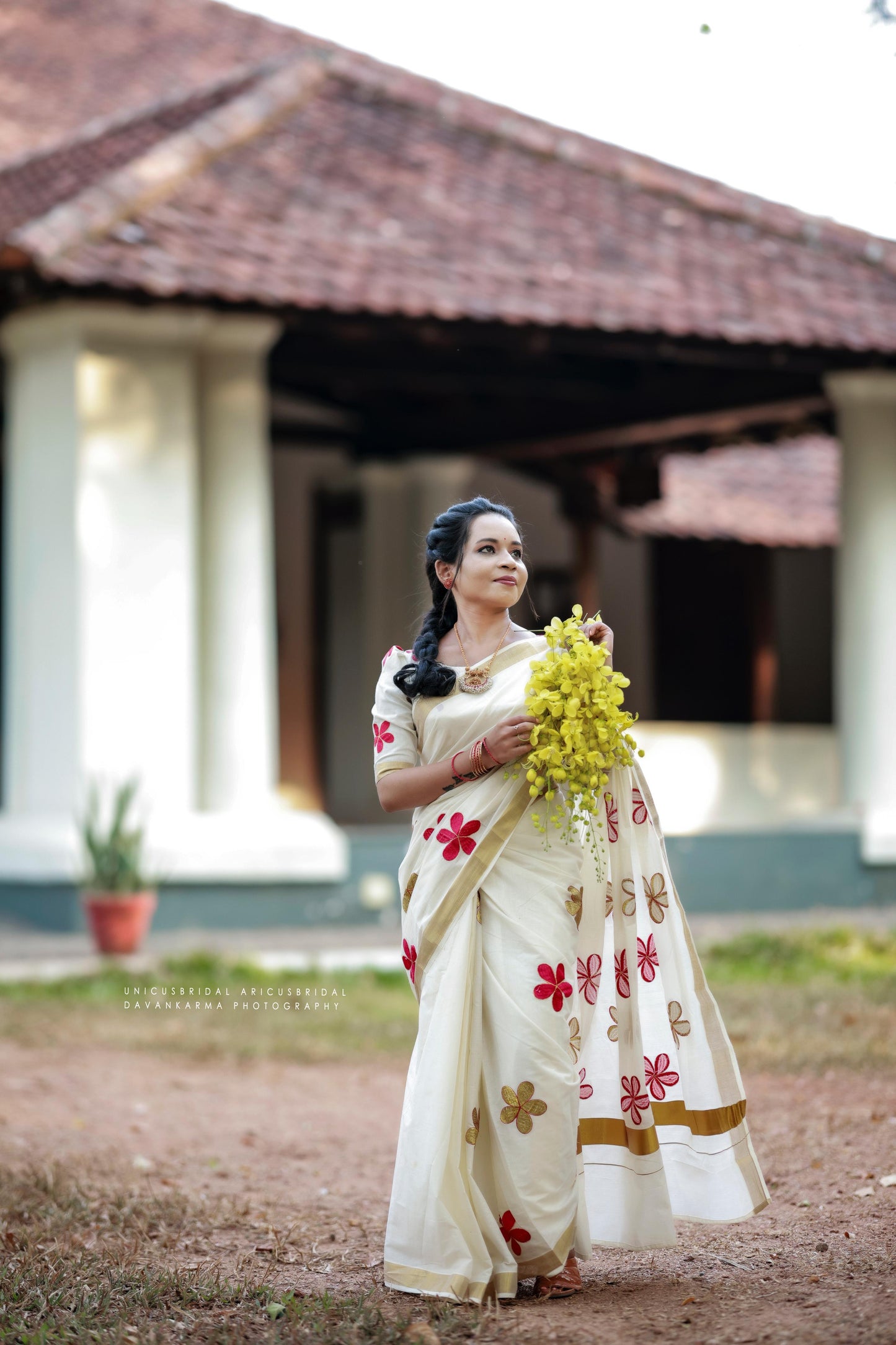 Southloom Cotton Kerala Kasavu Saree with floral red embroidery Designs