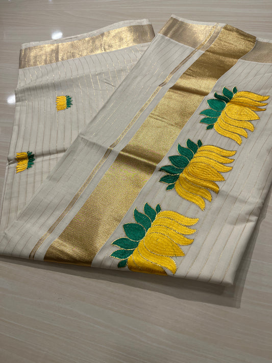 Yellow Lotus Lines Cotton Kerala Saree SL268