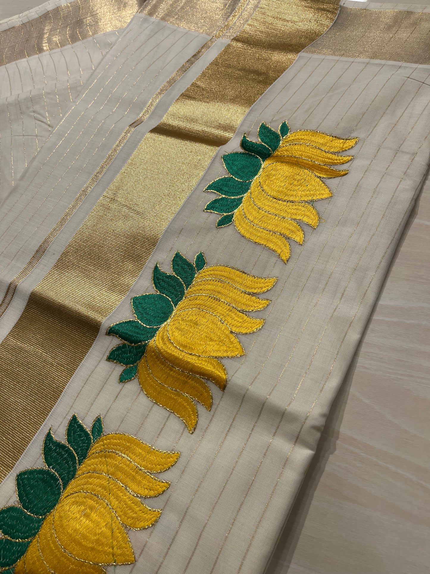 Yellow Lotus Lines Cotton Kerala Saree SL268