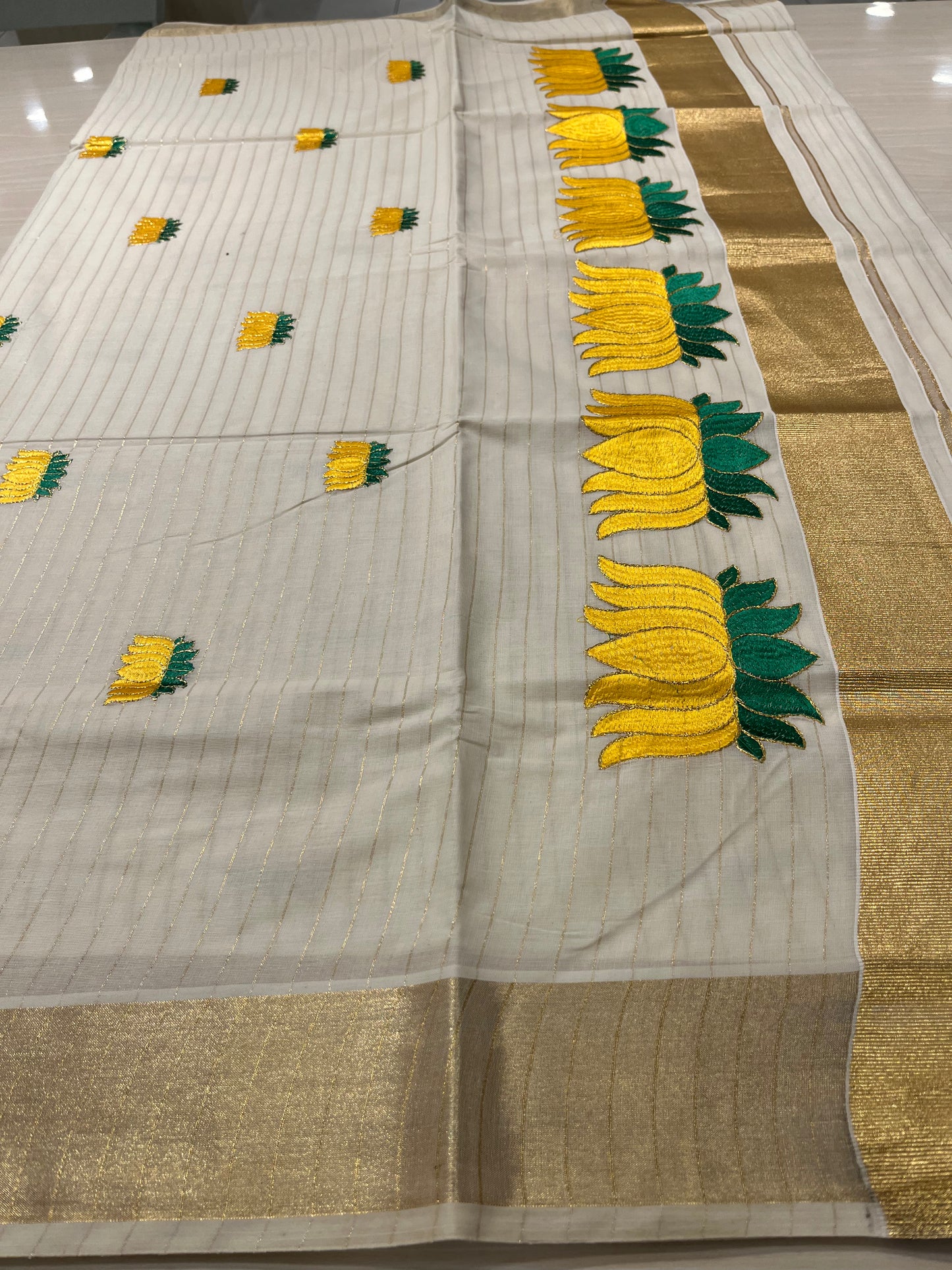 Yellow Lotus Lines Cotton Kerala Saree SL268