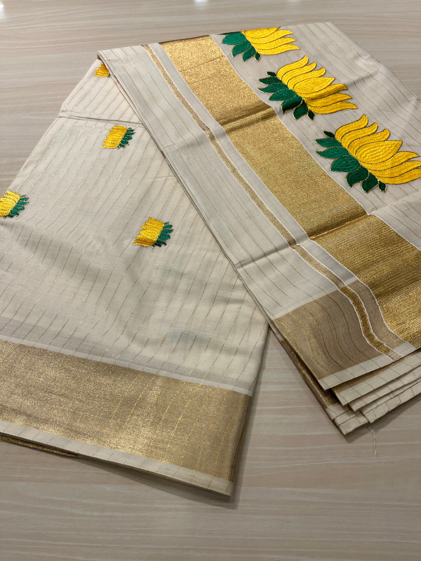 Yellow Lotus Lines Cotton Kerala Saree SL268