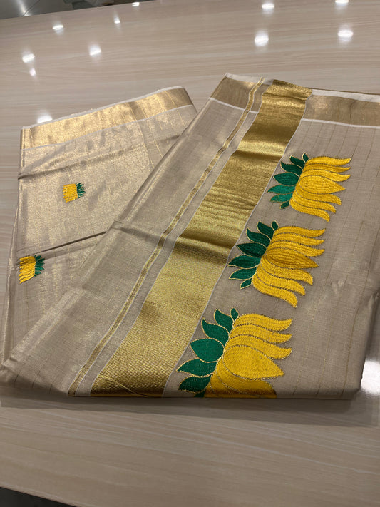 Yellow Lotus Lines Tissue Kerala Saree SL268