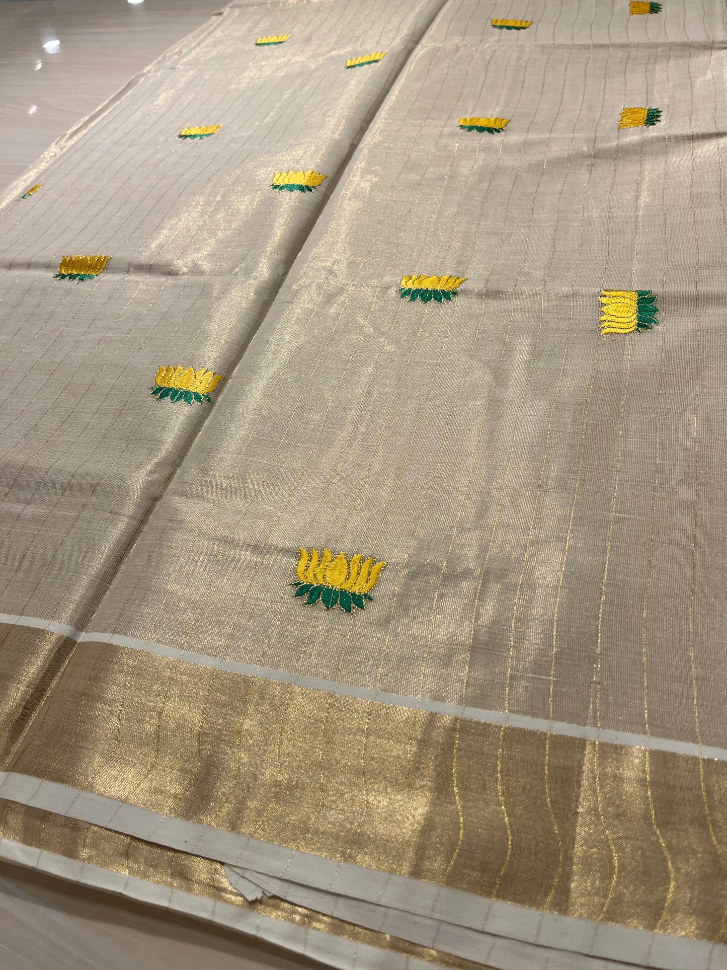 Yellow Lotus Lines Tissue Kerala Saree SL268