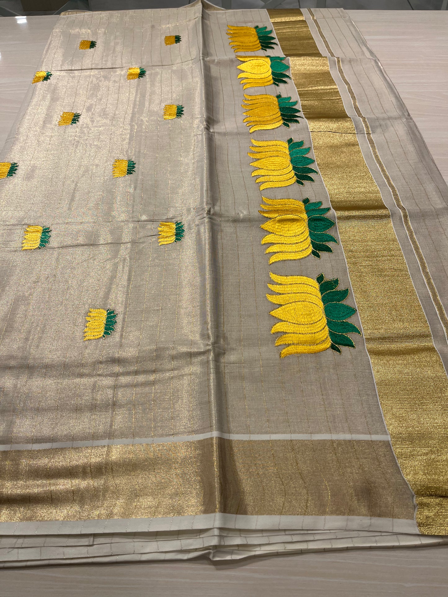Yellow Lotus Lines Tissue Kerala Saree SL268