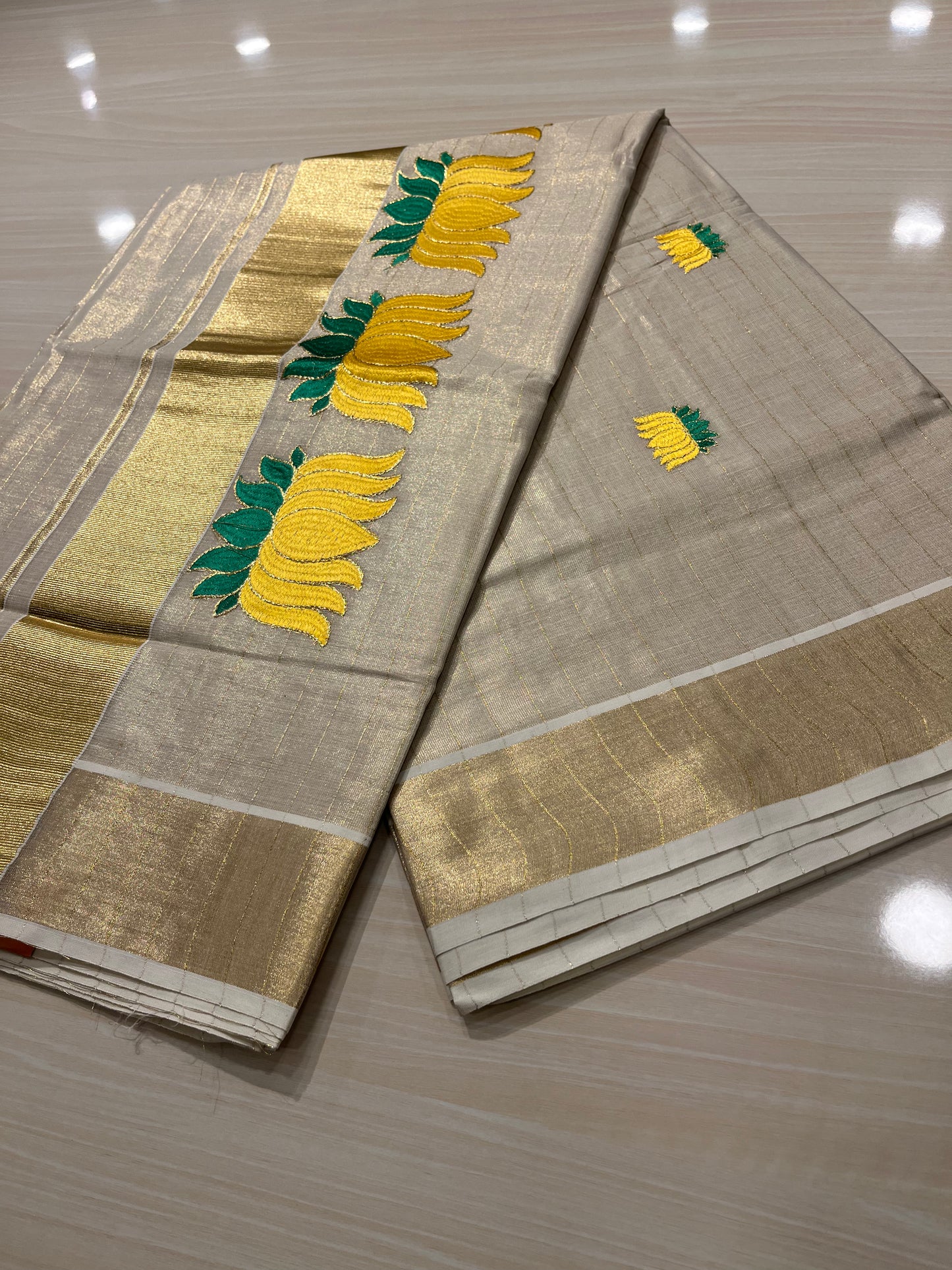 Yellow Lotus Lines Tissue Kerala Saree SL268