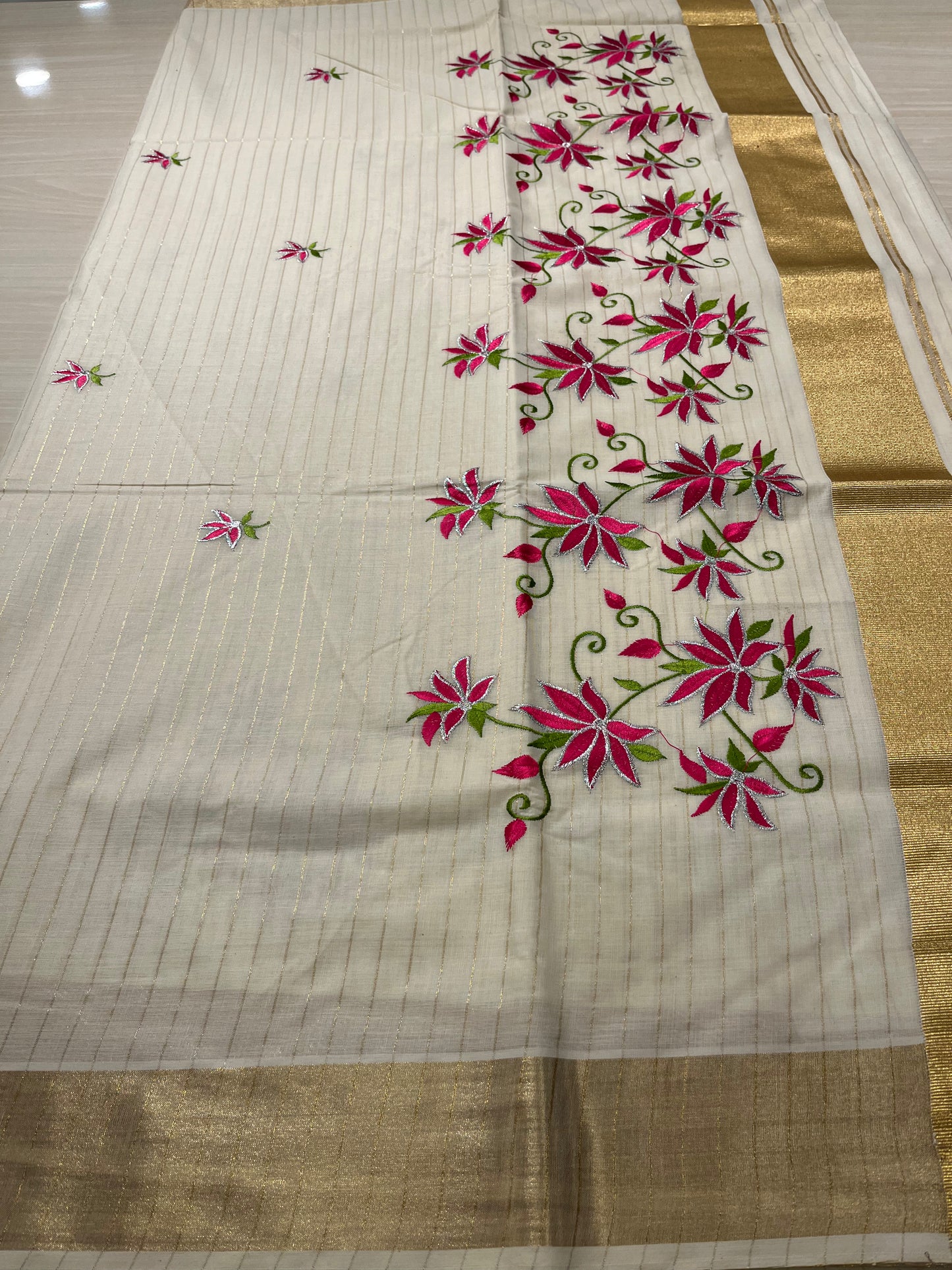Rani Pink Floral Cotton Lines Saree SL127
