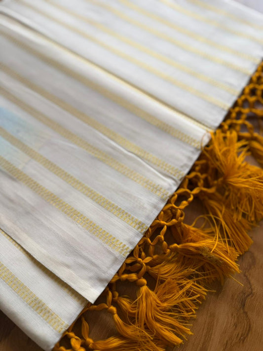 Woven Work Mustard Yellow Tassels Kerala Saree (SL0045)