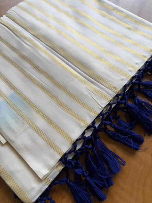 Woven Work Blue Tassels Kerala Saree (SL0047)