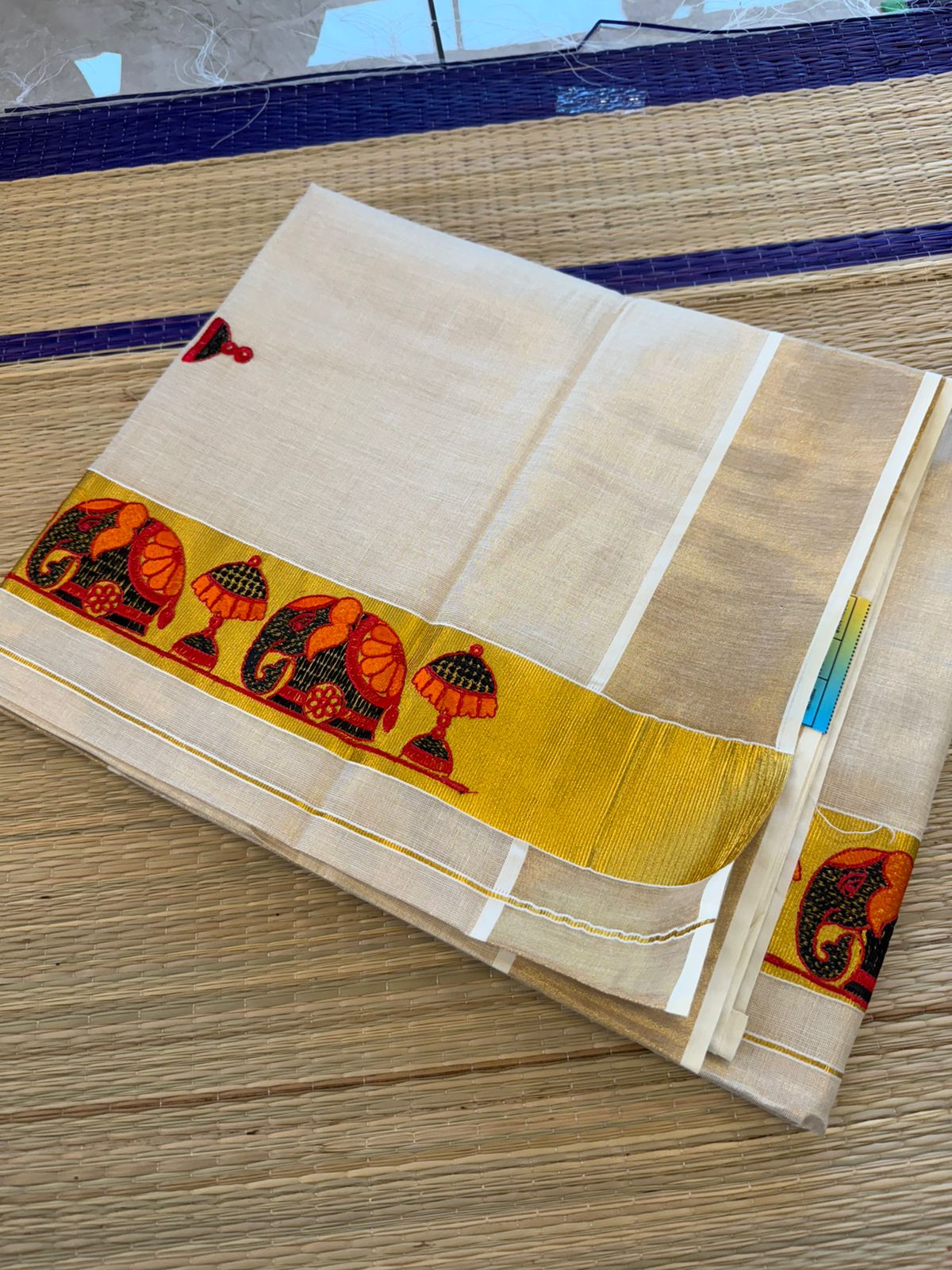 Tissue Elephant Embroidery Kerala Kasavu Saree (2.80 mtrs) SL111