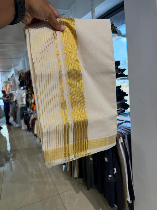 Balaramapuram Handloom Double Kasavu Mundu with Side Lines and Chutti SL128