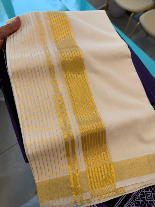 Balaramapuram Handloom Double Kasavu Mundu with Side Lines and Chutti SL128