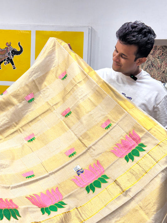 Southloom Lotus Baby Pink and Green Embroidery Check Tissue Saree