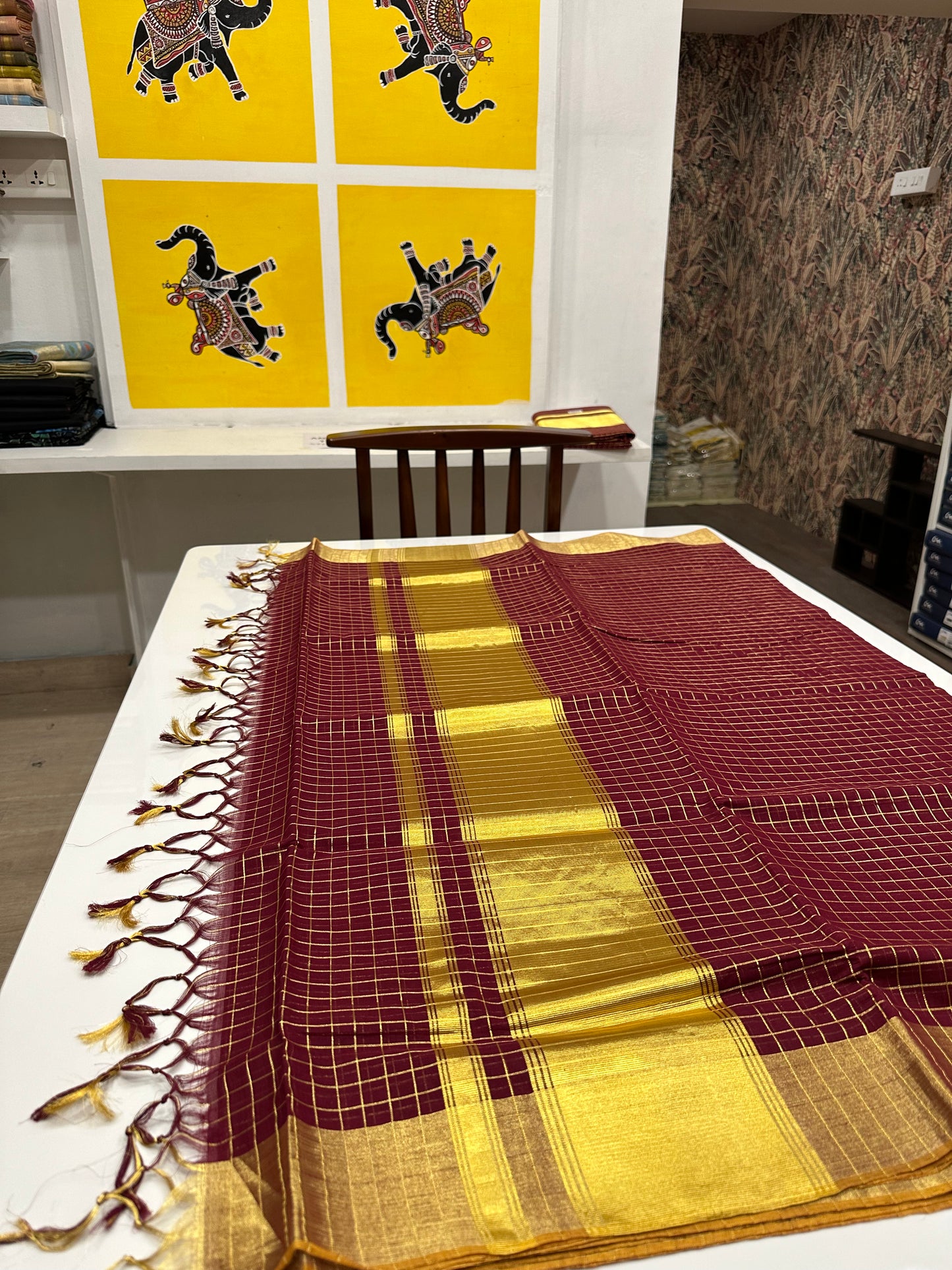 Southloom Super Premium Balaramapuram Unakkupaavu Handloom Maroon Saree with Kasavu Checks Across Body