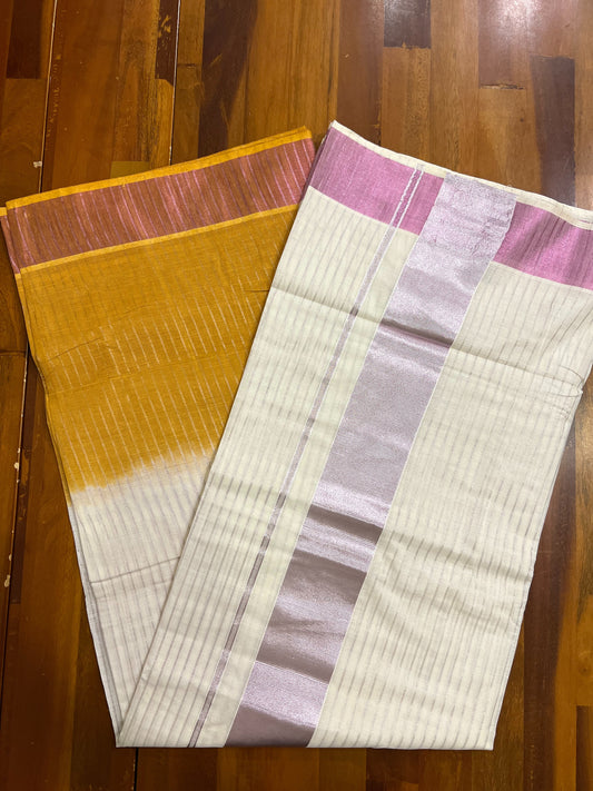 Southloom Tie and Dye Rose Kasavu Lines Saree in Orangish Brown