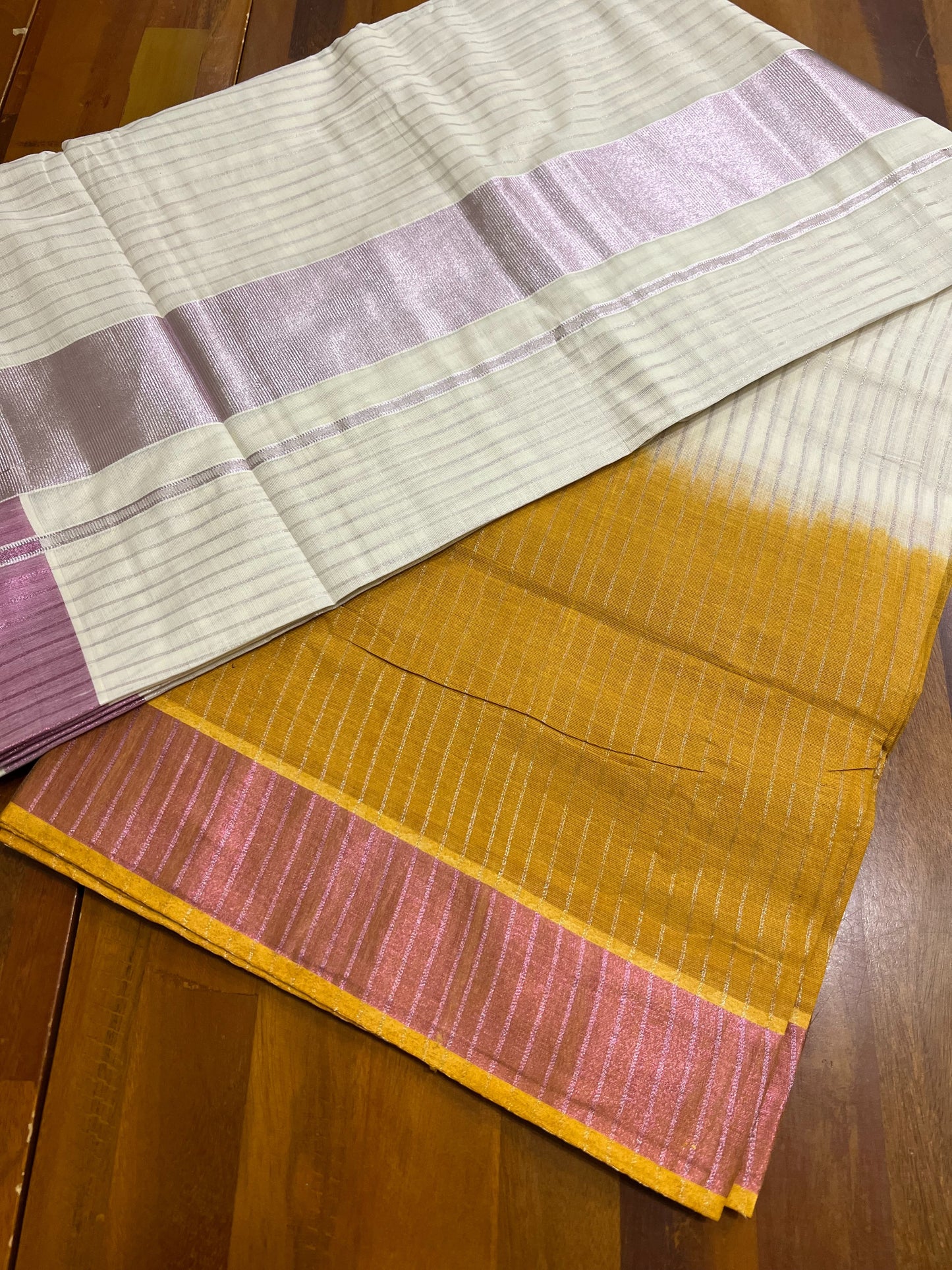 Southloom Tie and Dye Rose Kasavu Lines Saree in Orangish Brown