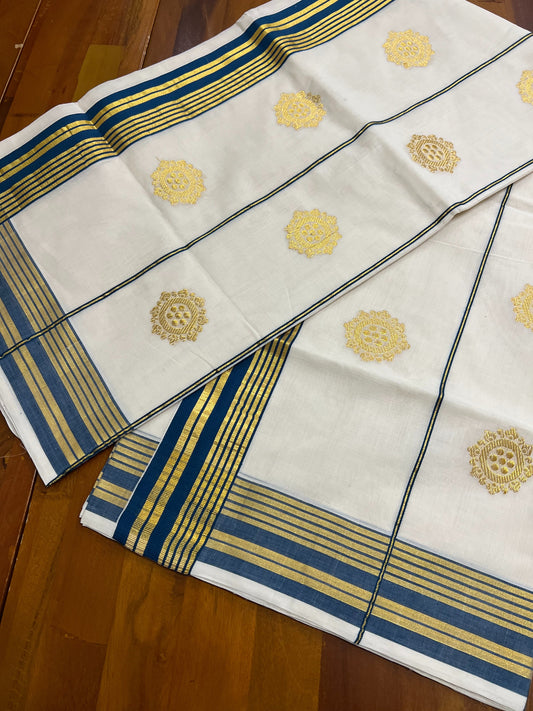 Southloom Premium Handloom Kerala Saree with Blue Butta Work Across Body and Pallu