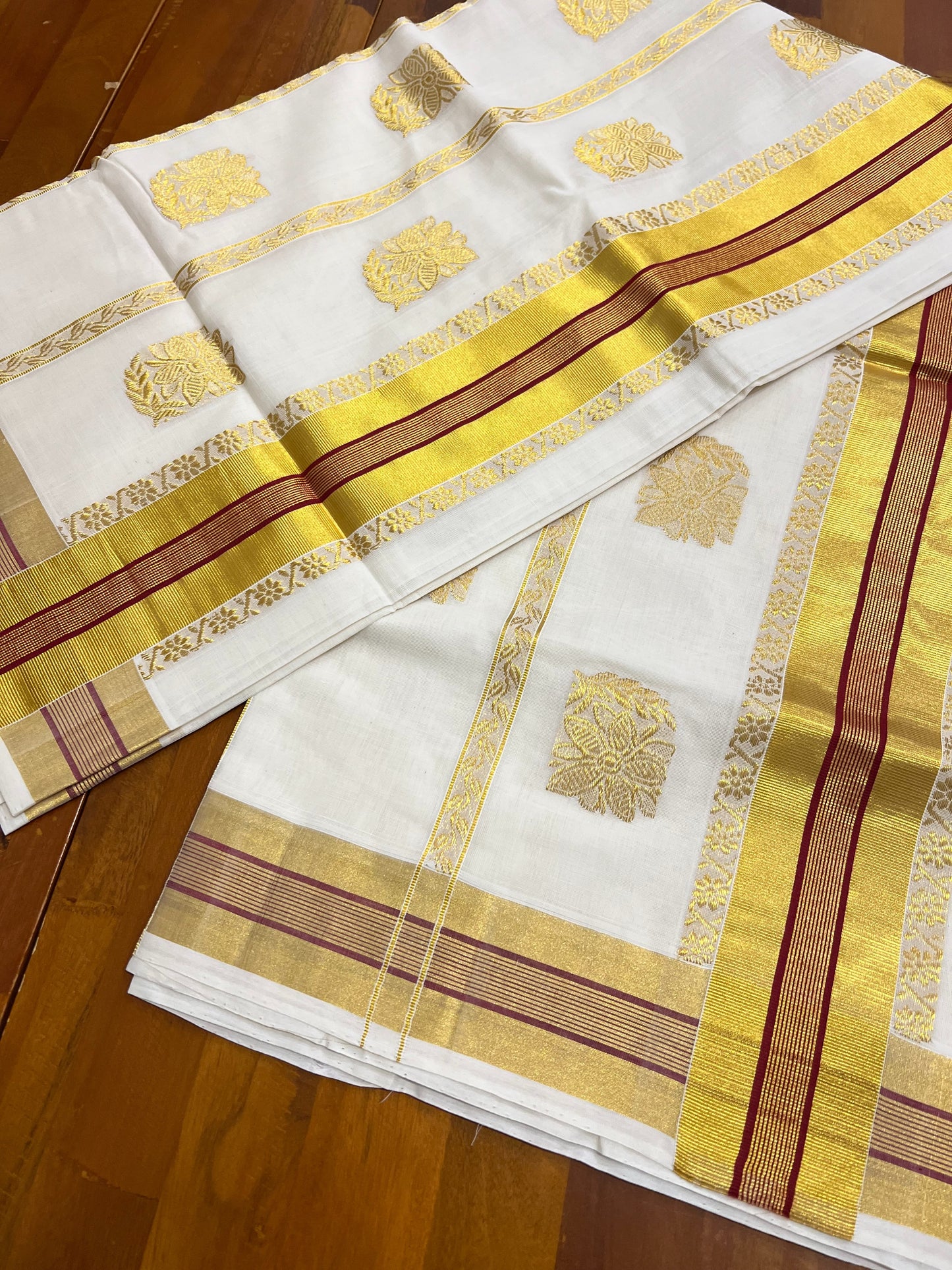 Southloom Premium Handloom Kerala Saree with Maroon Butta Work Across Body and Pallu