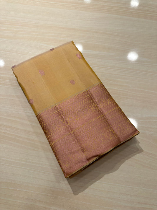 Southloom Pure Handloom Bridal Kanchipuram Silk Saree with Resham Work (Beige) SL623