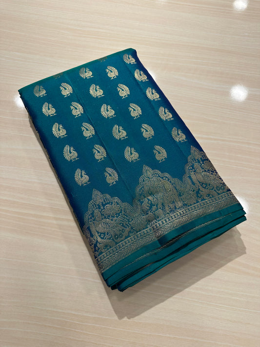 Southloom Pure Handloom Bridal Kanchipuram Silk Saree with Peacock Design (Peacock Green & Blue) SL623