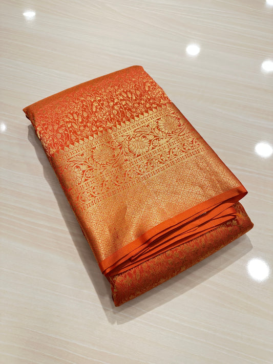 Southloom Pure Handloom Bridal Kanchipuram Brocade Silk Saree (Orange) SL623