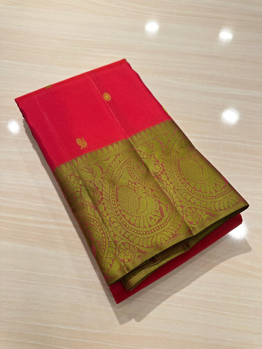 Southloom Pure Handloom Bridal Kanchipuram Silk Saree with Resham Work (Pinkish Red) SL623