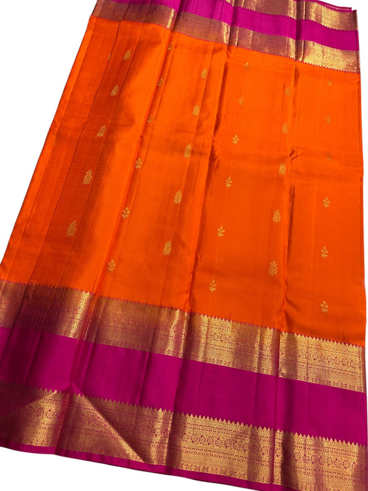 Southloom Pure Handloom Bridal Kanchipuram Brocade Silk Saree (Orange & Magenta) SL623