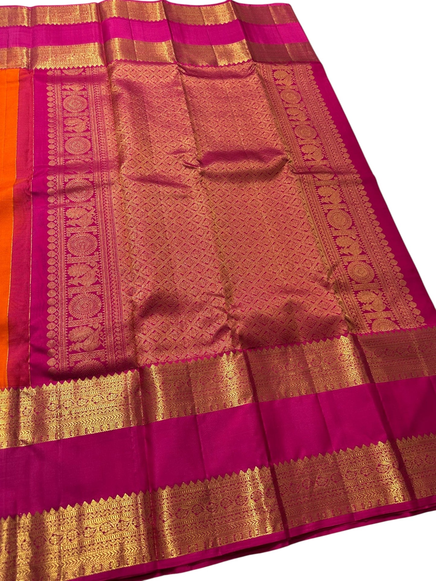 Southloom Pure Handloom Bridal Kanchipuram Brocade Silk Saree (Orange & Magenta) SL623