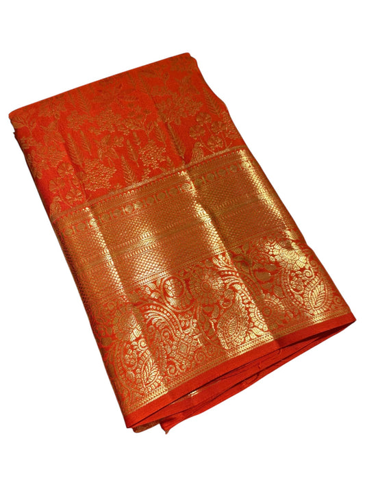 Southloom Pure Handloom Bridal Kanchipuram Brocade Silk Saree with Resham Border (Orange) SL623