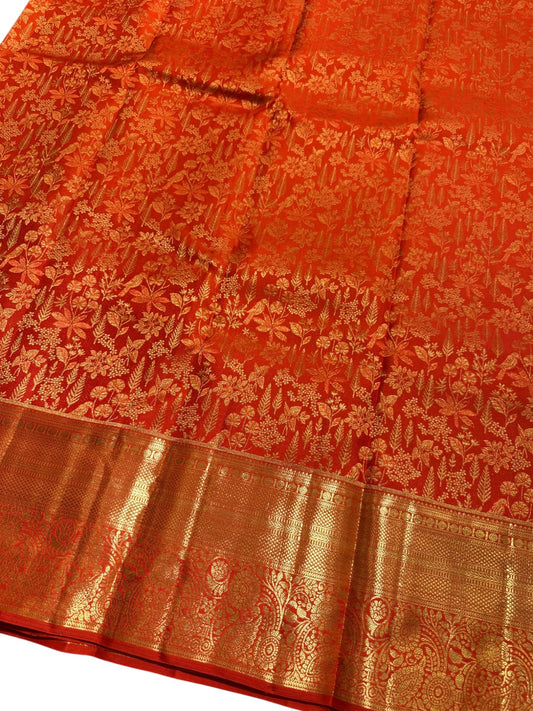 Southloom Pure Handloom Bridal Kanchipuram Brocade Silk Saree with Resham Border (Orange) SL623