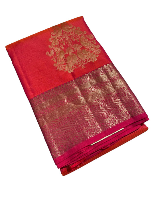 Southloom Pure Handloom Bridal Kanchipuram Brocade Silk Saree (Pink& Orange) SL623