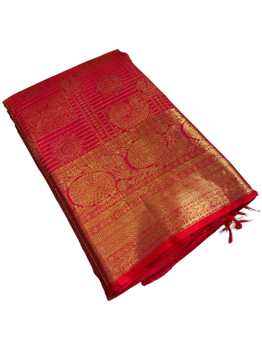 Southloom Pure Handloom Bridal Kanchipuram Brocade Silk Saree (Reddish Pink) SL623