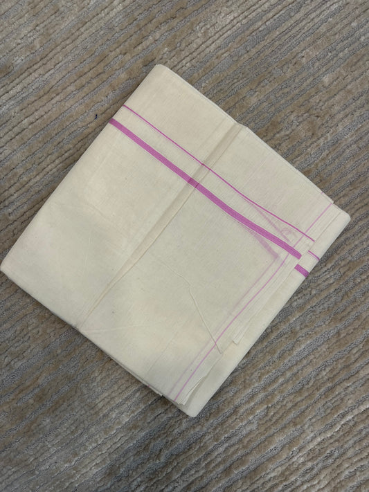 Pure Cotton Double Mundu with Pink Puliyilakkara (South Indian Kerala Dhoti)