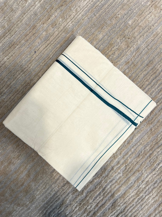 Pure Cotton Double Mundu with Green Puliyilakkara (South Indian Kerala Dhoti)