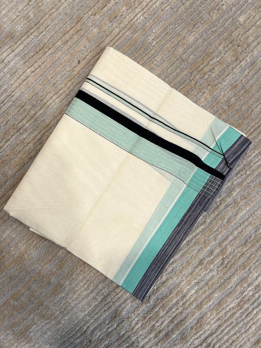 Off White Pure Cotton Double Mundu with Black and Blue Kara (South Indian Kerala Dhoti)