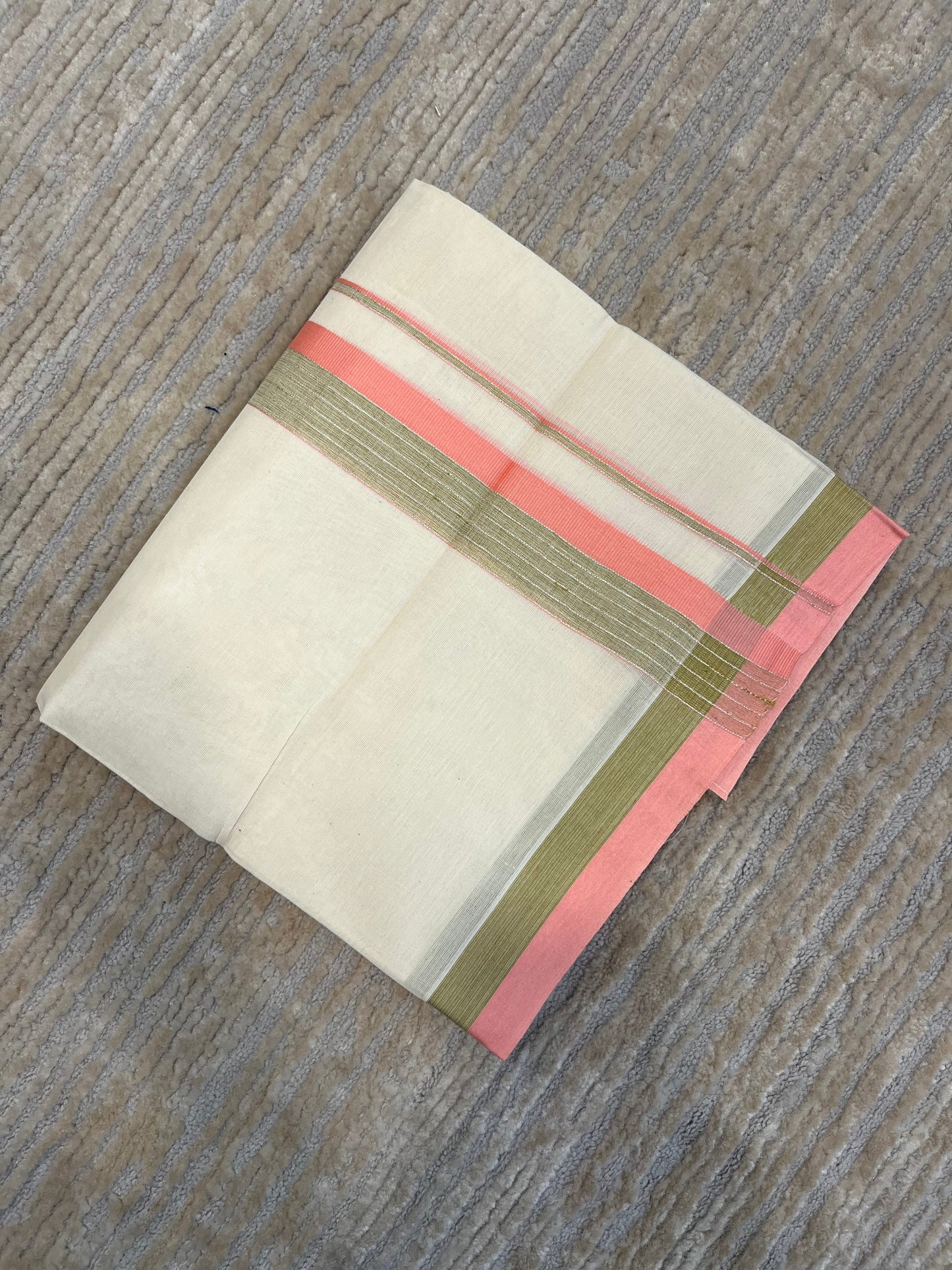 Off White Pure Cotton Double Mundu with Green and Peach Kara (South Indian Kerala Dhoti)